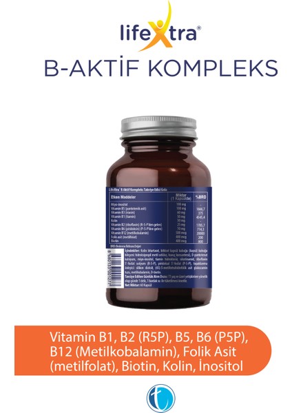 B-Aktif Kompleks 60 Bitkisel Kapsül Metilkobalamin Metilfolat P5P R5P İnositol Biotin