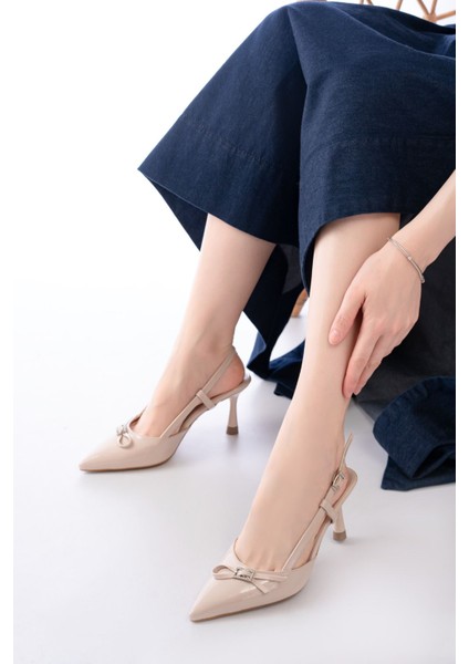 İNF-2300 Bej Rugan Günlük Arkası Açık Fiyonklu Topuklu Bayan Ayakkabı fiyatları