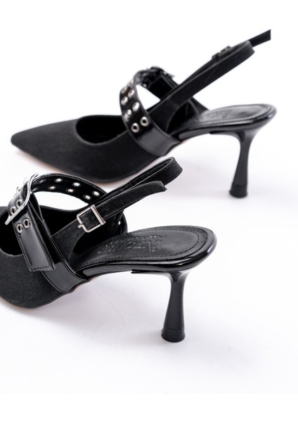 İNF-260 Siyah Simli Günlük Arkası Açık Baret Tokalı Topuklu Bayan Ayakkabı fırsatları