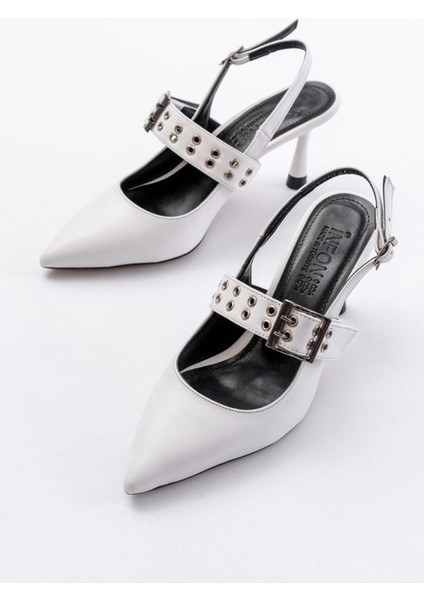 İNF-260 Beyaz Günlük Arkası Açık Baret Tokalı Topuklu Bayan Ayakkabı modelleri