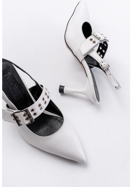 İNF-260 Beyaz Günlük Arkası Açık Baret Tokalı Topuklu Bayan Ayakkabı indirimleri