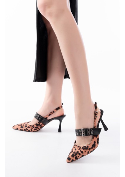 İNF-260 Siyah Leopar Günlük Arkası Açık Baret Tokalı Topuklu Bayan Ayakkabı fiyatları