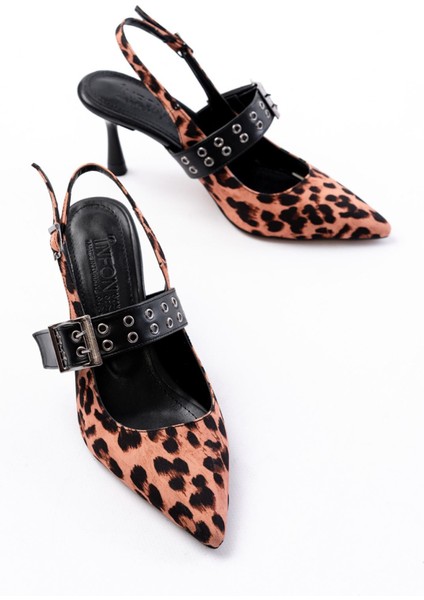 İNF-260 Siyah Leopar Günlük Arkası Açık Baret Tokalı Topuklu Bayan Ayakkabı modelleri