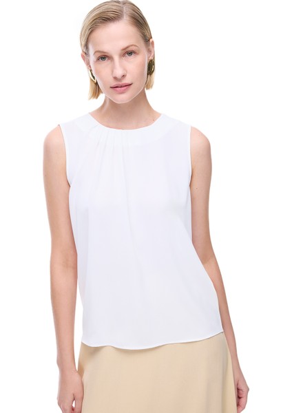 Farewell Regular Fit Standart Boy Sıfır Kol Bisiklet Yaka Ekru Bluz