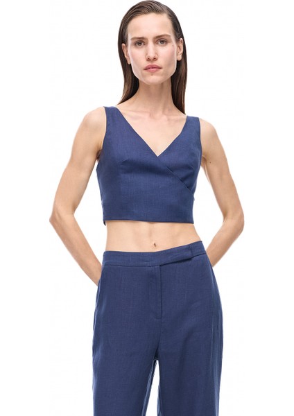 Lacivert Akars Slim Fit V-Yaka Bluz