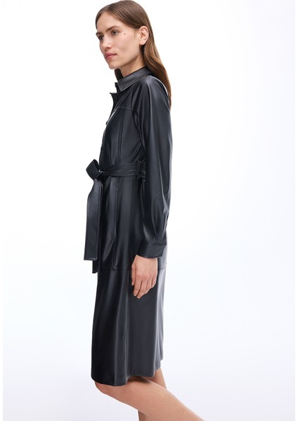 Dark Regular Fit Diz Altı Takma Kol Gömlek Yaka Siyah Elbise