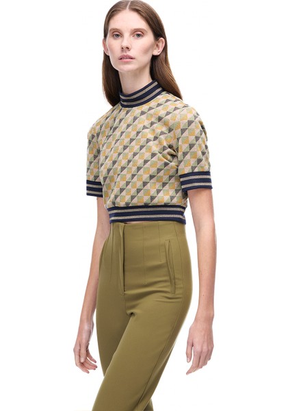 Alcors Slim Fit Geometrik Desen Crop Boy Takma Kol Bisiklet Yaka Yesıl Bluz