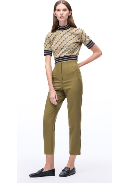 Alcors Slim Fit Geometrik Desen Crop Boy Takma Kol Bisiklet Yaka Yesıl Bluz modelleri