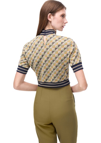 Alcors Slim Fit Geometrik Desen Crop Boy Takma Kol Bisiklet Yaka Yesıl Bluz fırsatları