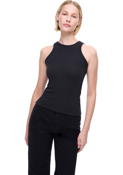 Amorinas Slim Fit Standart Boy Sıfır Kol Bisiklet Yaka Siyah Bluz