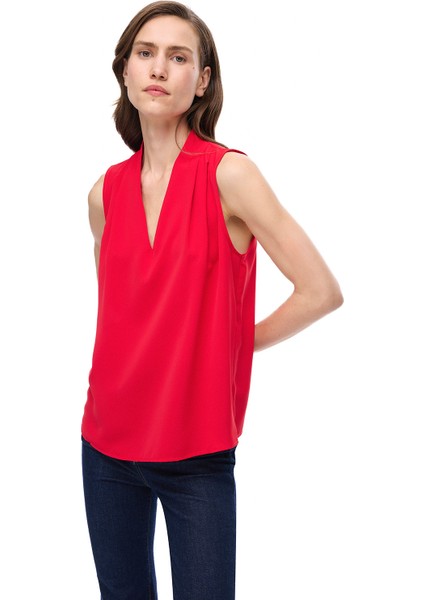 Farewell Regular Fit Sıfır Kol V-Yaka Kırmızı Renk Kadın Bluz