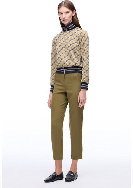 Alcors Slim Fit Geometrik Desen Standart Boy Takma Kol Yarım Dik Yaka Yesıl Mont