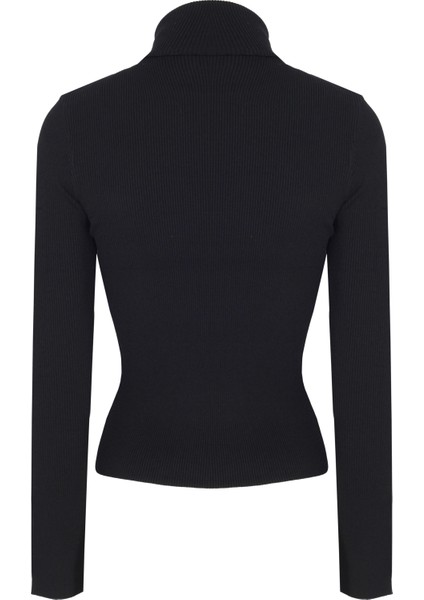 Triko Slim Fit Standart Boy Takma Kol Balıkçı Yaka Siyah Kazak