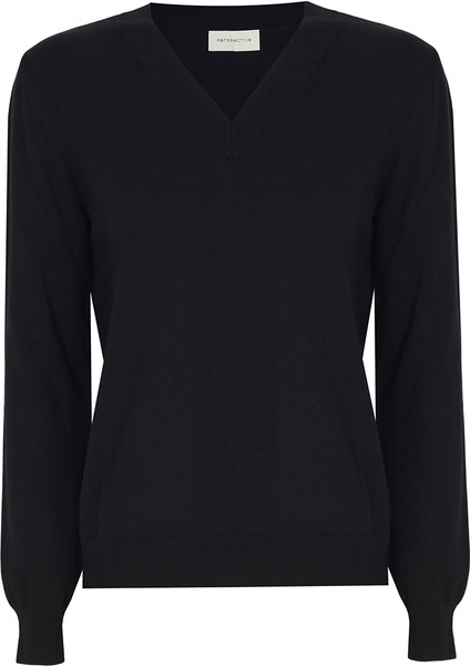 Triko Rahat Kalıp Standart Boy Takma Kol V-Yaka Siyah Kazak