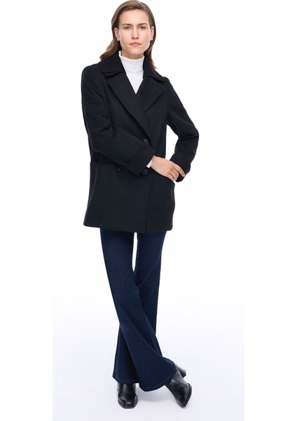 Mona Regular Fit Kısa Boy Takma Kol Erkek Yaka Siyah Renk Kadın Kaban