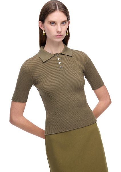 Triko Slim Fit Standart Boy Takma Kol Gömlek Yaka Hakı Bluz fiyatları