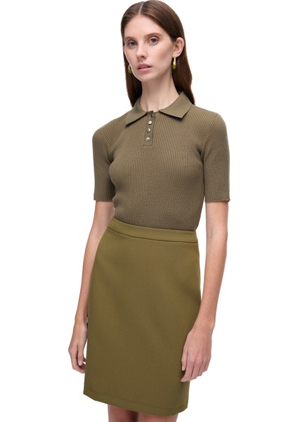 Triko Slim Fit Standart Boy Takma Kol Gömlek Yaka Hakı Bluz fırsatları