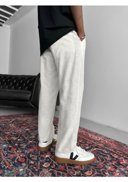 Erkek Boyfriend Kalıp Keten Pantolon Beyaz modelleri