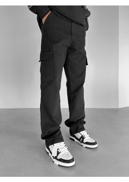Erkek Baggy Fit Kargo Pantolon Siyah