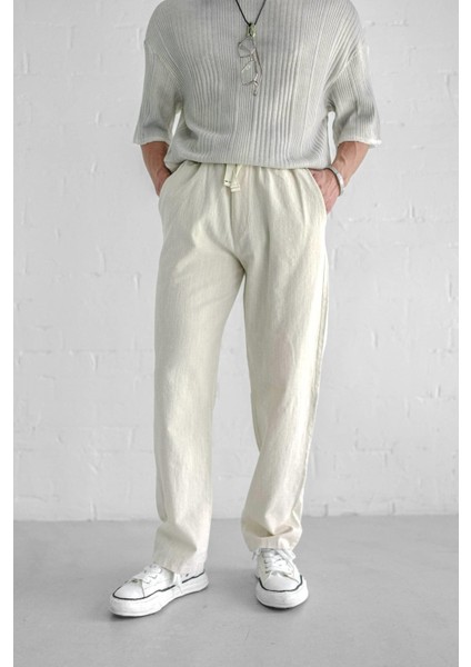Erkek Baggy Fit Keten Pantolon Ekru