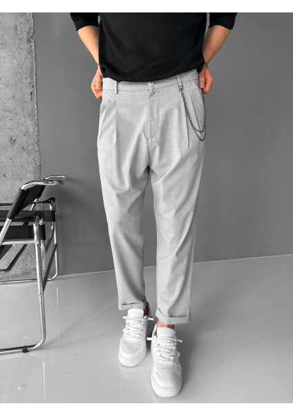 Erkek Boyfriend Zincirli Kumaş Pantolon Açık Gri