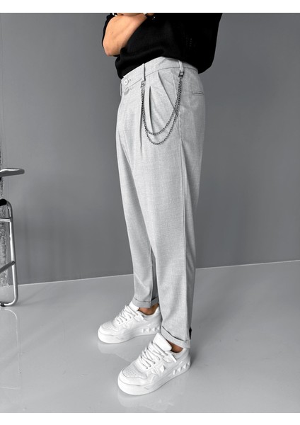 Erkek Boyfriend Zincirli Kumaş Pantolon Açık Gri fiyatları