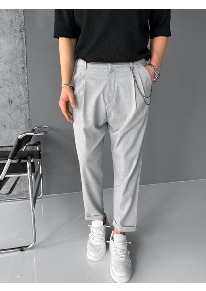 Erkek Boyfriend Zincirli Kumaş Pantolon Açık Gri modelleri