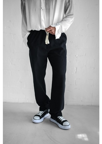 Erkek Baggy Fit Keten Pantolon Siyah