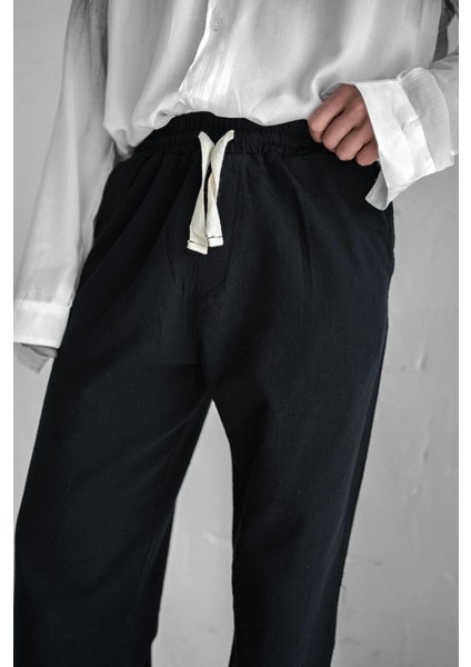 Erkek Baggy Fit Keten Pantolon Siyah modelleri
