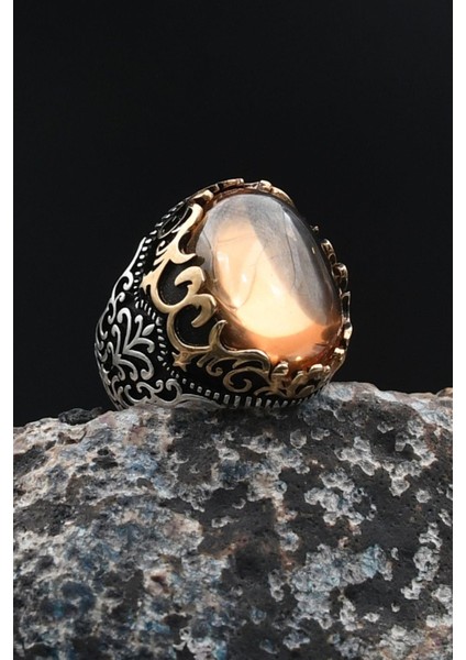 Erkek Yüzüğü Şampanya Topaz Taşlı 925 Ayar Gümüş 901746