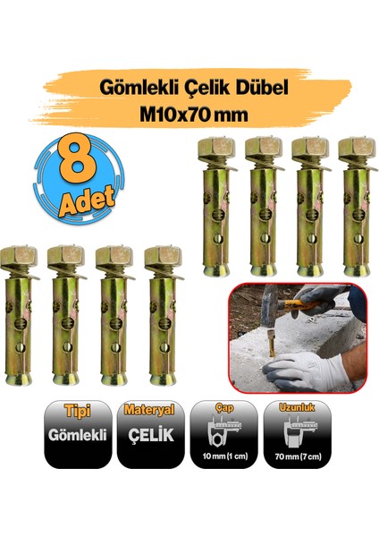 Saplamalı Gömlek Çelik Dübel M10X70 mm Raf Montaj Bağlantı Zemin Monte Tavan Asma Aparat 8 Adet