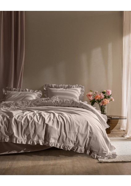 Obernai Çift Kişilik %100 Pamuk Fırfırlı Düz Yıkamalı Nevresim Takımı - Bej