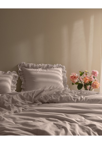 Obernai Çift Kişilik %100 Pamuk Fırfırlı Düz Yıkamalı Nevresim Takımı - Bej fiyatları