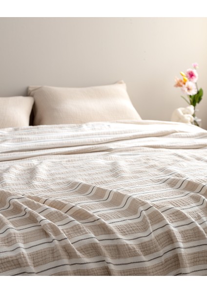 Cherina Müslin Çift Kişilik %100 Pamuk Lastikli Pike Takımı - Ekru/Bej fırsatları