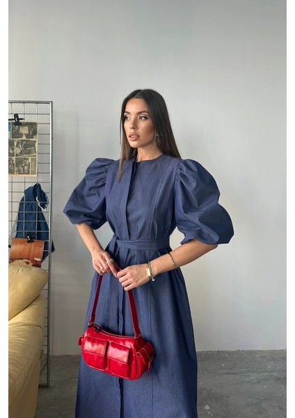 Tencel Karpuz Kol Elbise - Indigo