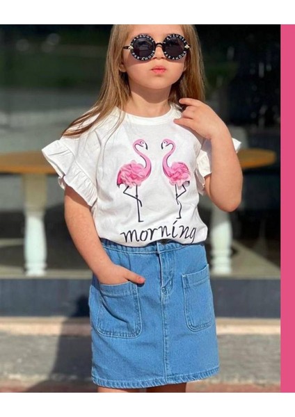 Flamingo Baskılı ve Tül Detaylı Alt Ön Cep Kot Etek Kız Çocuk Alt Üst Takım