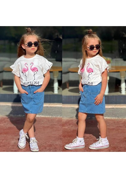 Flamingo Baskılı ve Tül Detaylı Alt Ön Cep Kot Etek Kız Çocuk Alt Üst Takım fiyatları