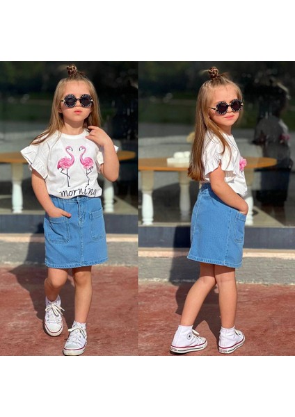 Flamingo Baskılı ve Tül Detaylı Alt Ön Cep Kot Etek Kız Çocuk Alt Üst Takım modelleri