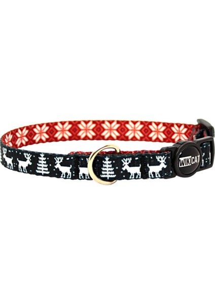Rudolph Dark Kedi Boyun Tasması, Boğulma Önleyici Kilitli, Zil Hediyeli (Koyu Lacivert, Geyikli)