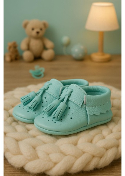 Peppa Hakiki Deri Yeşil Püsküllü Lastikli Bebek Patik