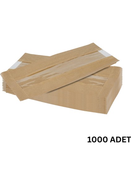 Kraft Şamua Pencereli Kese Kağıdı, Körüklü Ambalaj Poşeti, Butik Hediye Paketi, 1000 Adet, 12X25 cm