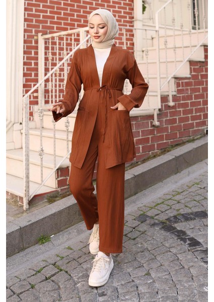 Cep Detaylı Kimono Takım Kahverengi