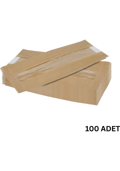Kraft Şamua Pencereli Kese Kağıdı, Körüklü Ambalaj Poşeti, Butik Hediye Paketi, 100 Adet, 15X40 cm