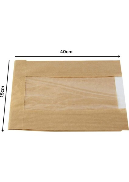 Kraft Şamua Pencereli Kese Kağıdı, Körüklü Ambalaj Poşeti, Butik Hediye Paketi, 100 Adet, 15X40 cm