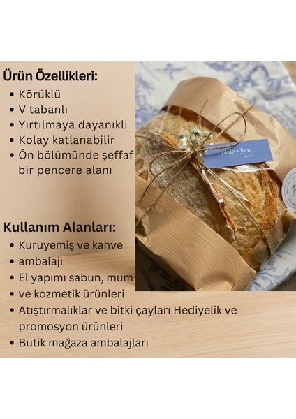 Kraft Şamua Pencereli Kese Kağıdı, Körüklü Ambalaj Poşeti, Butik Hediye Paketi, 100 Adet, 15X40 cm