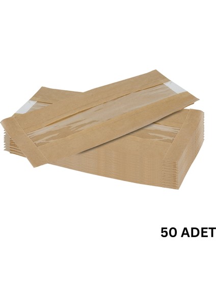Kraft Şamua Pencereli Kese Kağıdı, Körüklü Ambalaj Poşeti, Butik Hediye Paketi, 50 Adet, 25X40 cm