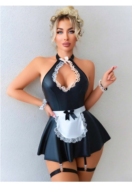 Siyah Gecelik Deri Göğüs Dekolteli Takım