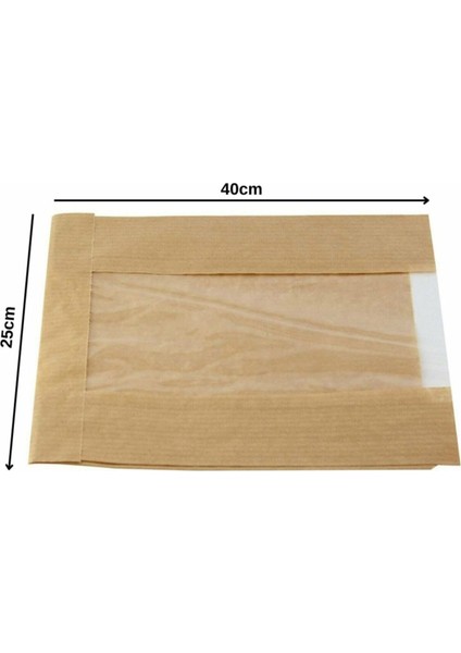 Kraft Şamua Pencereli Kese Kağıdı, Körüklü Ambalaj Poşeti, Butik Hediye Paketi, 1000 Adet, 25X40 cm
