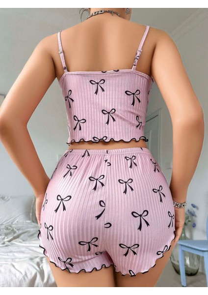 Pembe Desenli Alt Üst Şort Crop Gecelik Pijama Takımı