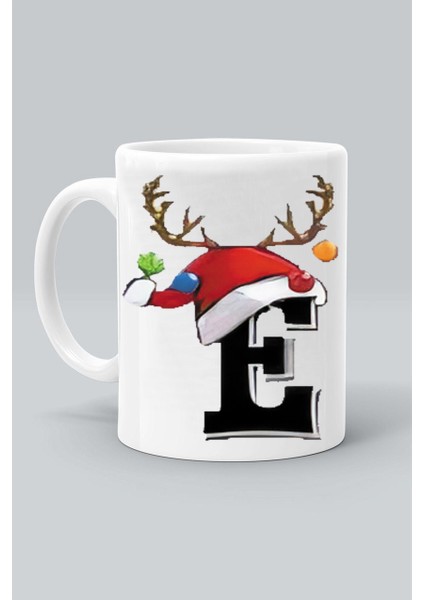 E Geyik Harf Noel Yılbaşı Yeni Yıl Tasarım Baskılı Beyaz Klasik Kupa Bardak